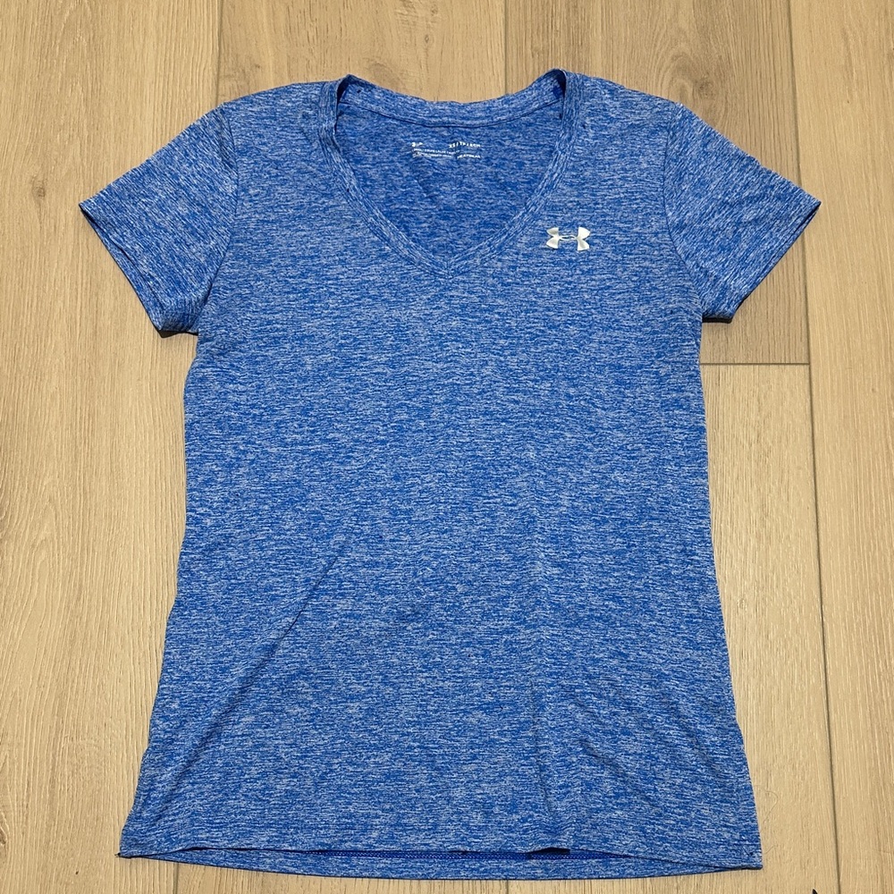 Under Armour UA Heat Gear Short Sleeve Performance Shirt V Neck Womens XS Blue